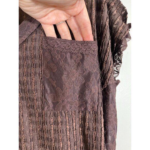 Retro Floral Mesh Top L Brown Patchwork Classic Boho Western Hippie Indie Folk - Picture 5 of 11